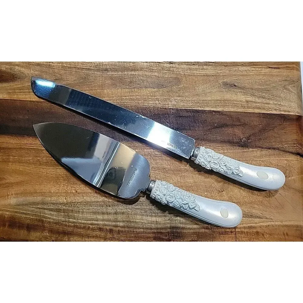 Vintage Stainless Steel Wedding Cake Server and Knife Set Rose Rhinestone